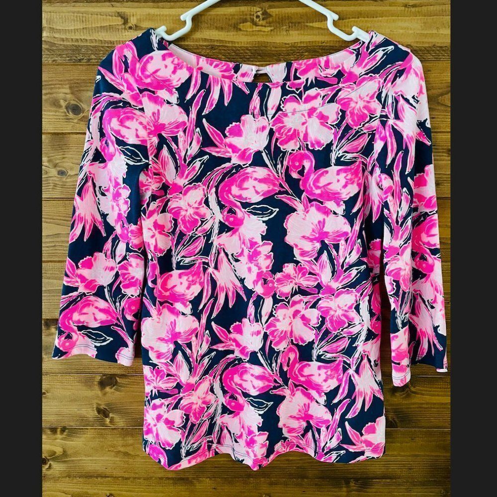 NWOT Women’s Lilly Pulitzer Navy Blue & Pink Flamingo Print Shirt Top 3/4 Sleeve